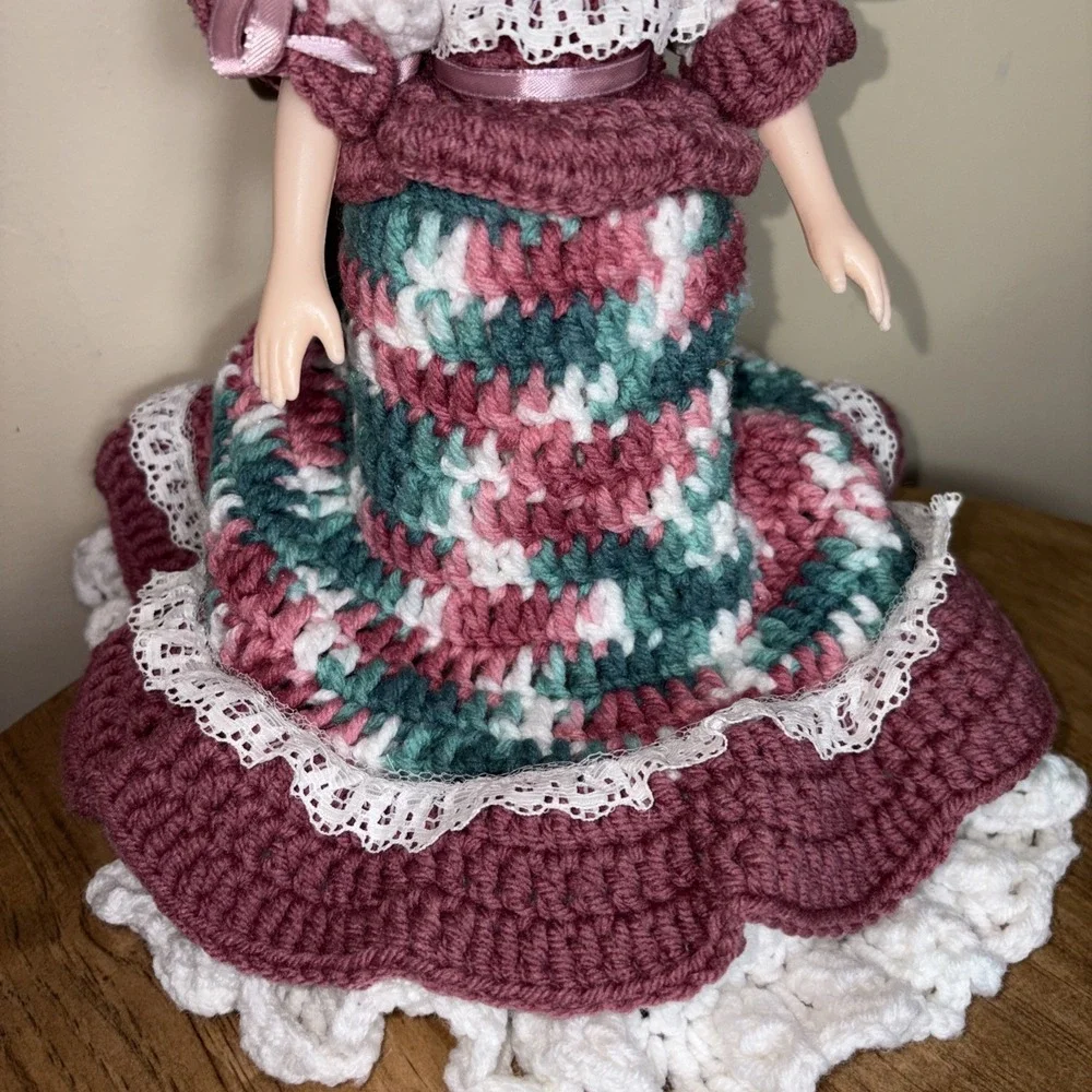 Vintage Crochet Doll Handmade Mauve Multicolor Dress